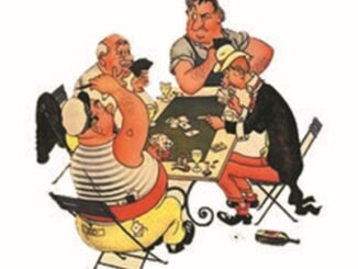 dessin couleur de 4 personnes assises autour d'une table jouant aux cartes