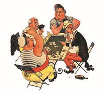 dessin couleur de 4 personnes assises autour d'une table jouant aux cartes