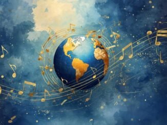 image de la terre entourée de notes de musique sur fond bleu