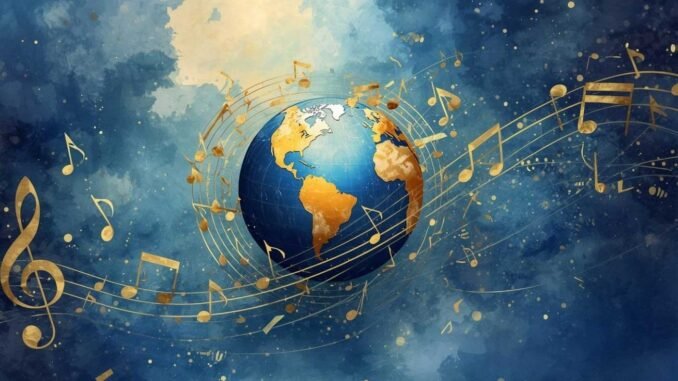 image de la terre entourée de notes de musique sur fond bleu