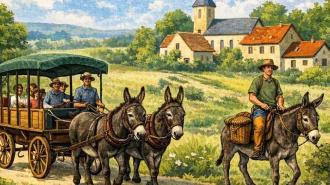 veille illustration d'une cariole tirée par 2 anes sur fond de paysage rural avec une église en fond