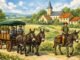 veille illustration d'une cariole tirée par 2 anes sur fond de paysage rural avec une église en fond