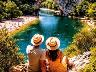 photo d'un couple de dos avec un chapeau de paille assis devant un lac