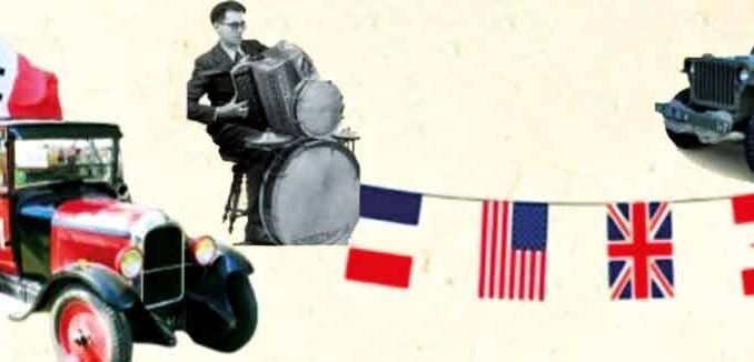 montage photo d'un accordéoniste, de drapeaux et d'une voiture ancienne