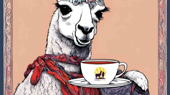 image d'un lama vu de face avec une tasse posée devant lui