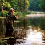 photo d'un pêcheur en cuissardes dans l'eau jusqu'aux genoux photographié de dos