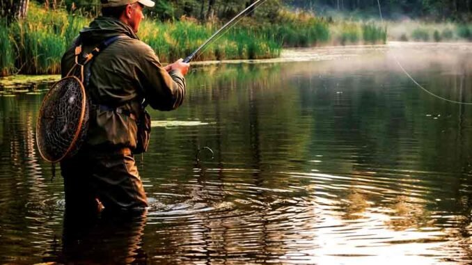 photo d'un pêcheur en cuissardes dans l'eau jusqu'aux genoux photographié de dos