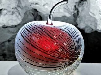 photo d'une pomme rouge en verre soufflé posée sur une table