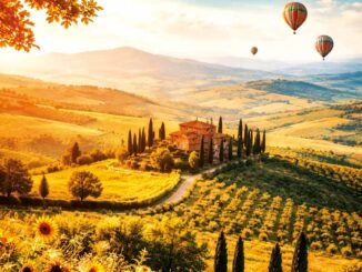photo d'un paysage de Toscane avec des montgolfières dans le ciel