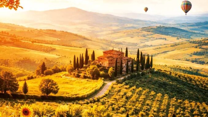 photo d'un paysage de Toscane avec des montgolfières dans le ciel