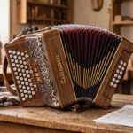 photo d'un accordéon diatonique posé sur une vieille table