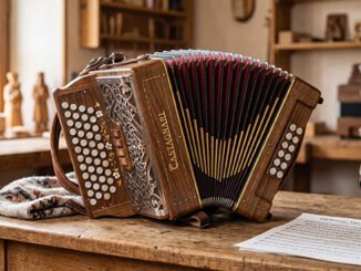 photo d'un accordéon diatonique posé sur une vieille table