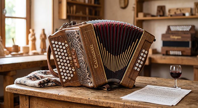 photo d'un accordéon diatonique posé sur une vieille table