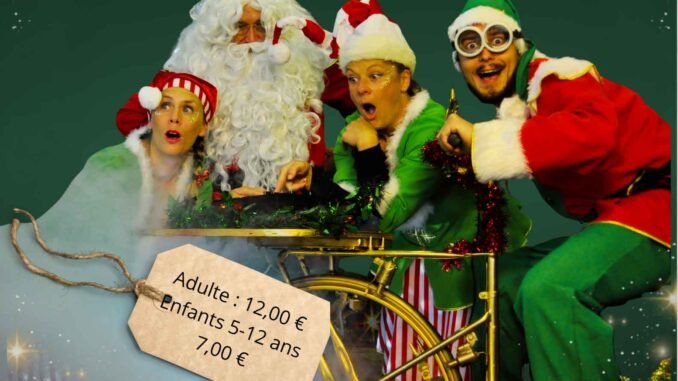 photo du père noël en compagnie de 3 autres personnes déguisées en lutin